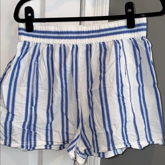 Free People Pants - Free People High Waist Striped Shorts - Blue and White